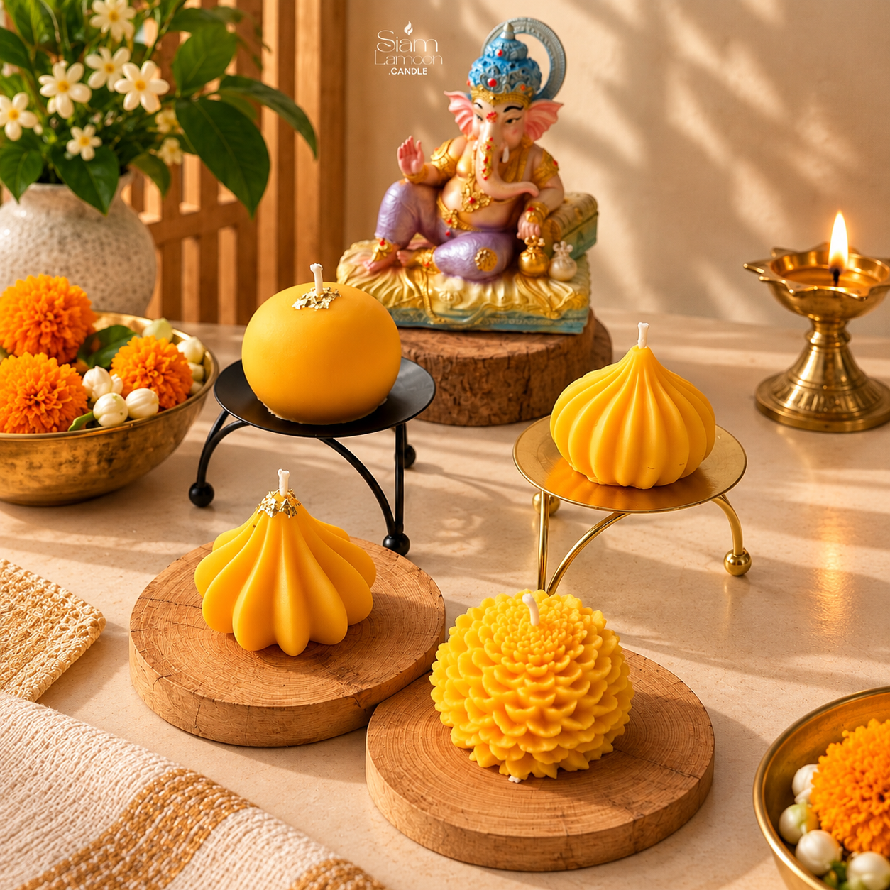 SiamLamoon Candle Modak, Ladoo & Marigold Blessing Candle
