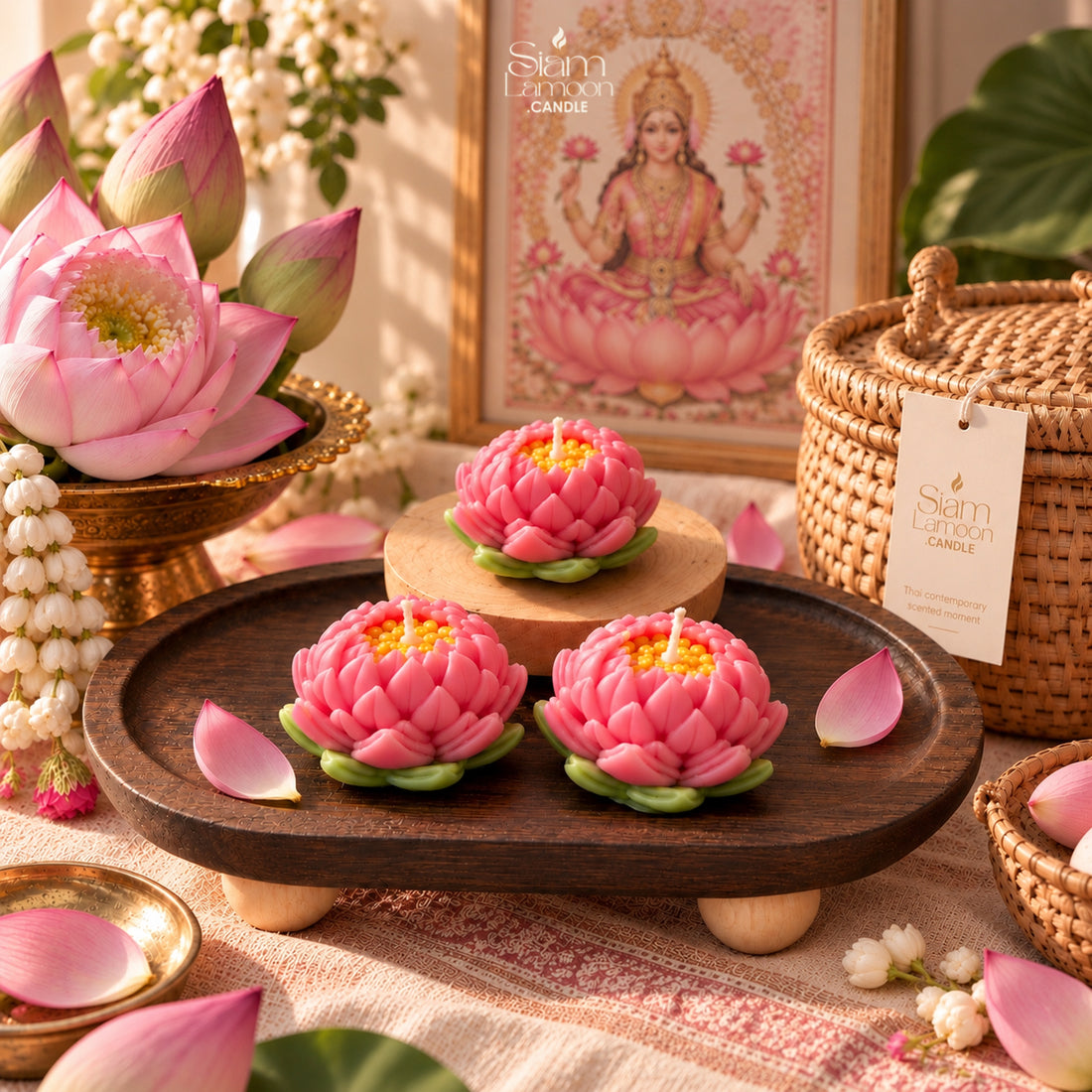 Lotus candles on a wooden tray with fresh lotus flowers