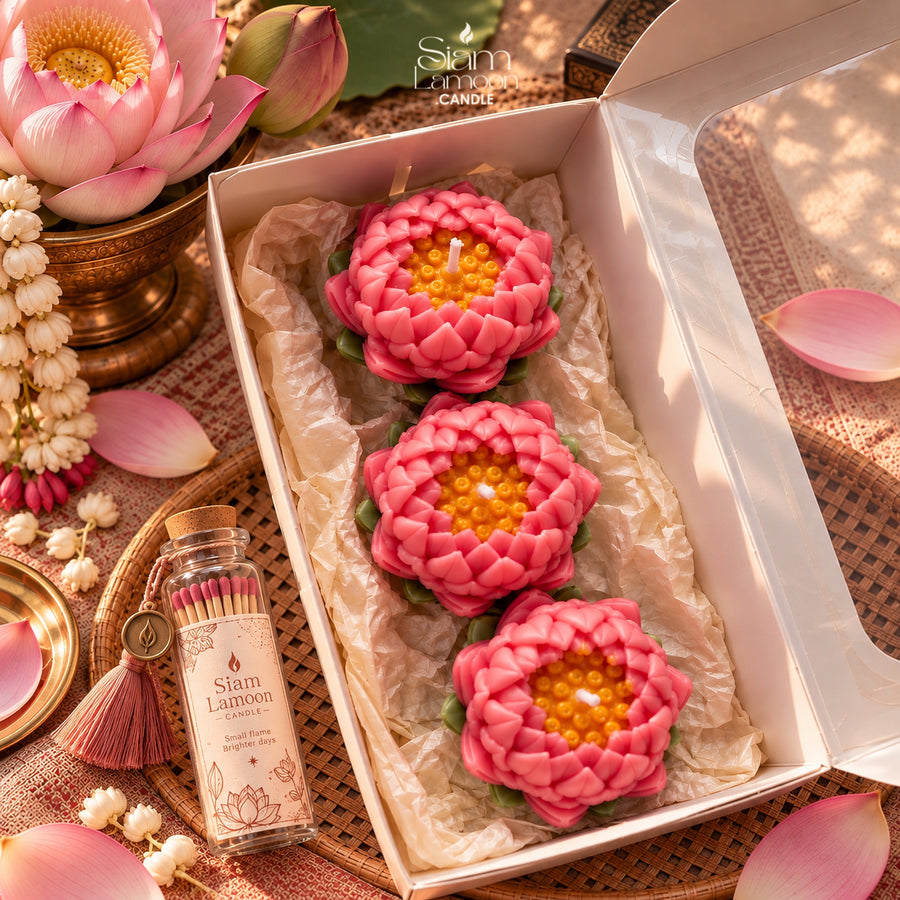 Close-up of a pink lotus candle with a golden centre